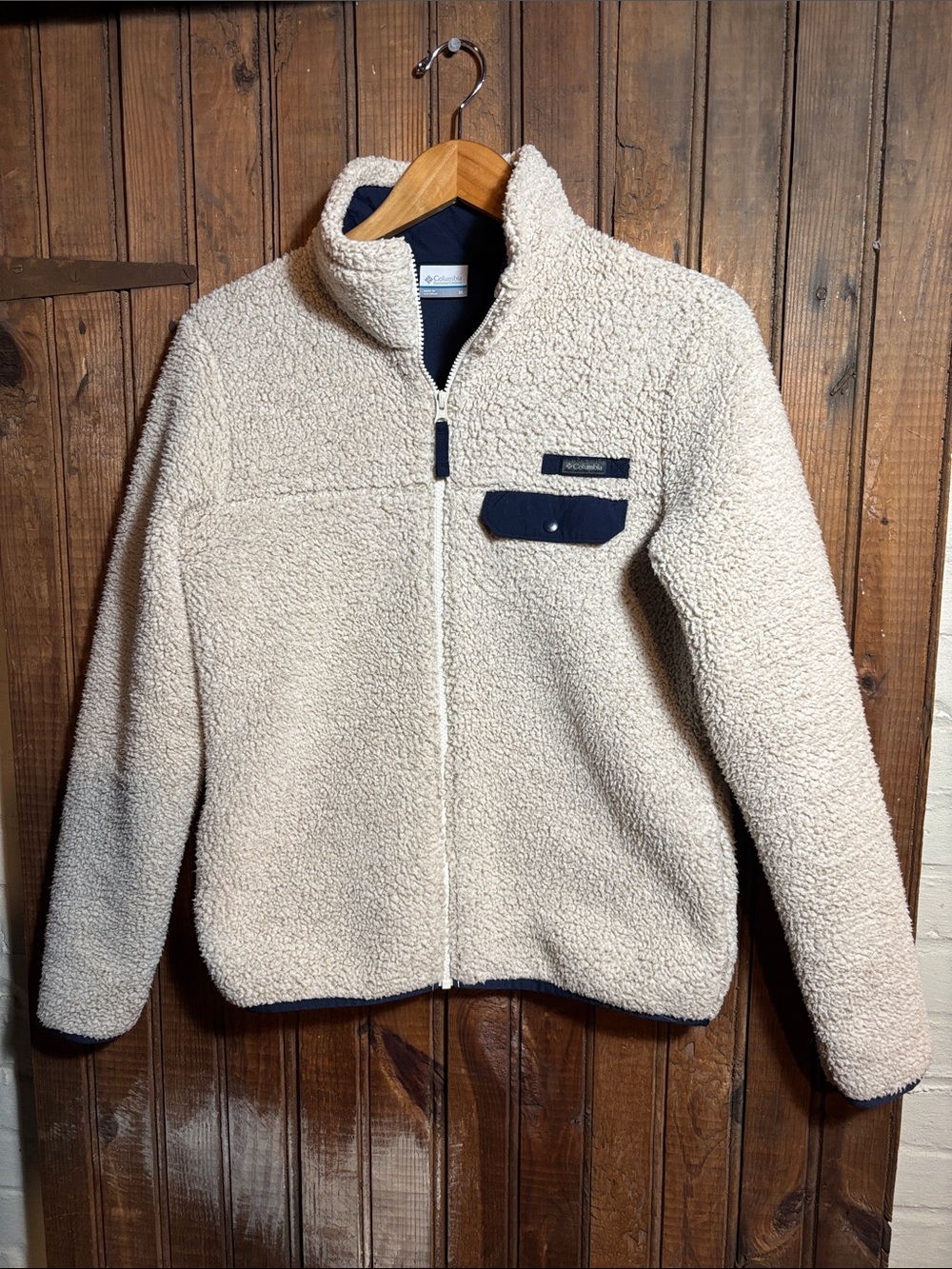 Cream Sherpa Zip Jacket with Navy Pocket Trim